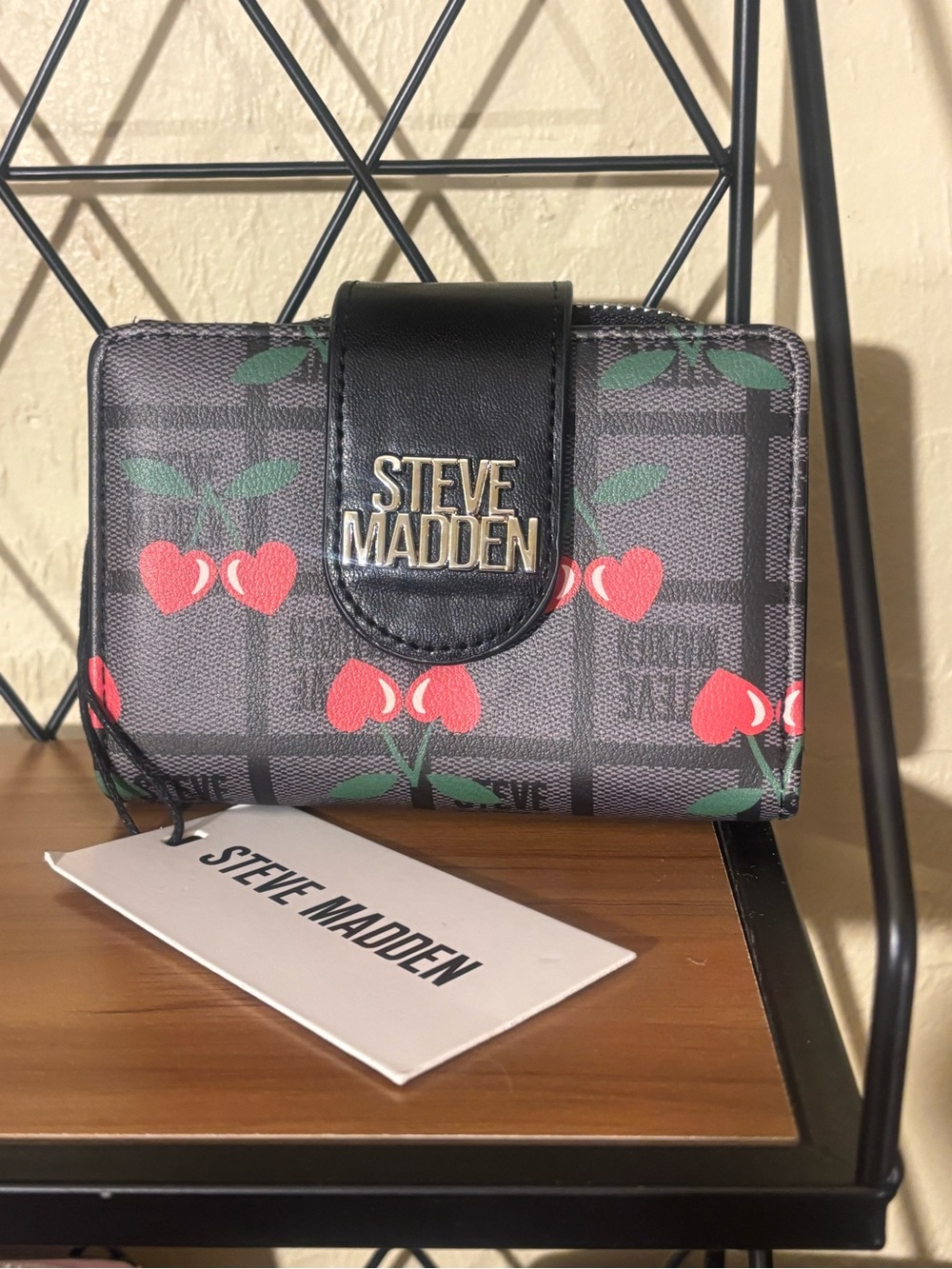 Steve Madden Black Cherry Print Compact Wallet
